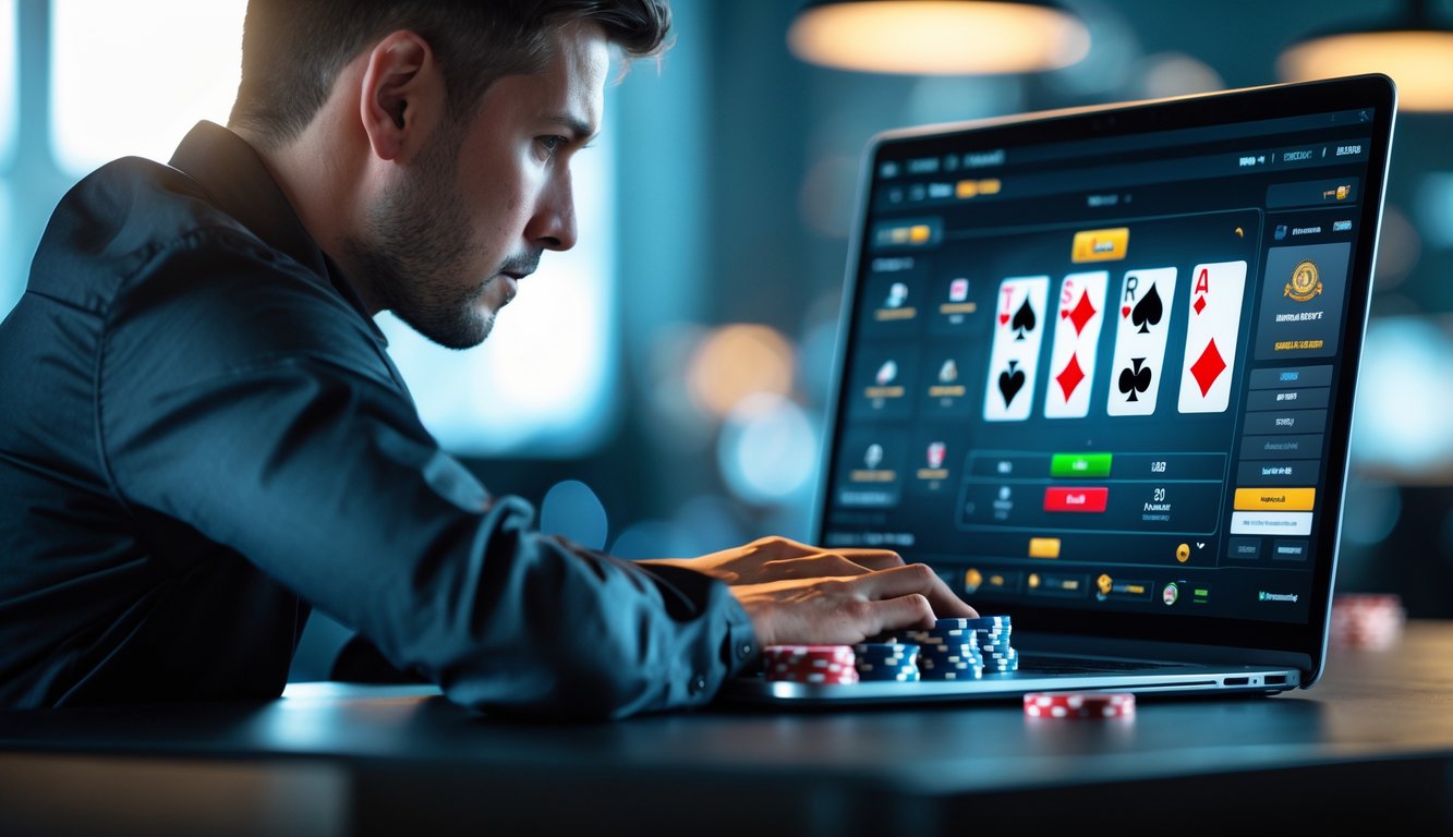 Seorang pemain dewasa sedang fokus bermain poker online di depan laptop dengan tumpukan chip poker di meja.