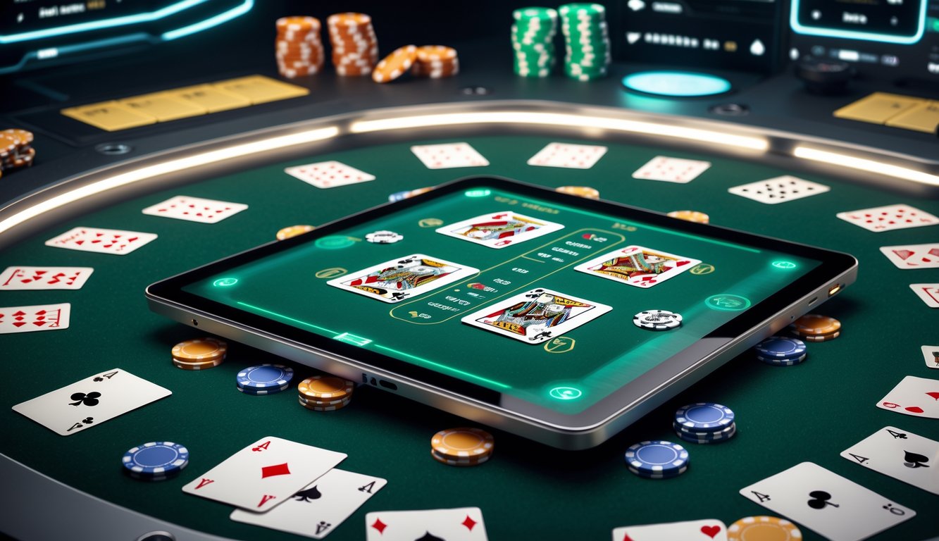 Meja poker digital modern dengan kartu remi dan chip poker, menggabungkan elemen permainan kartu klasik dan teknologi online.