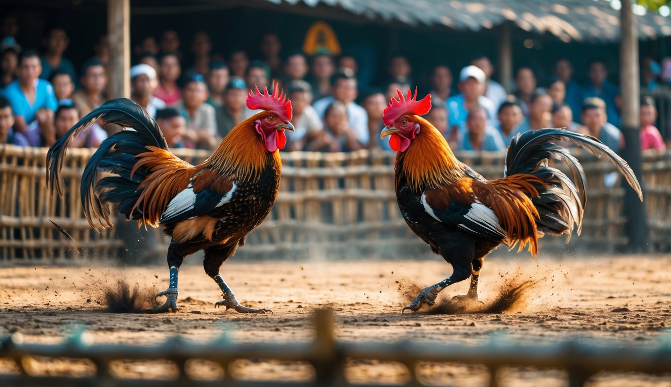 Dua ayam jago sedang bertarung di arena terbuka dengan penonton di latar belakang.