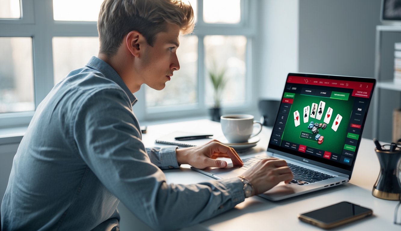 Seorang dewasa muda yang fokus bermain judi poker online menggunakan laptop di ruang kerja rumah yang rapi dan terang.