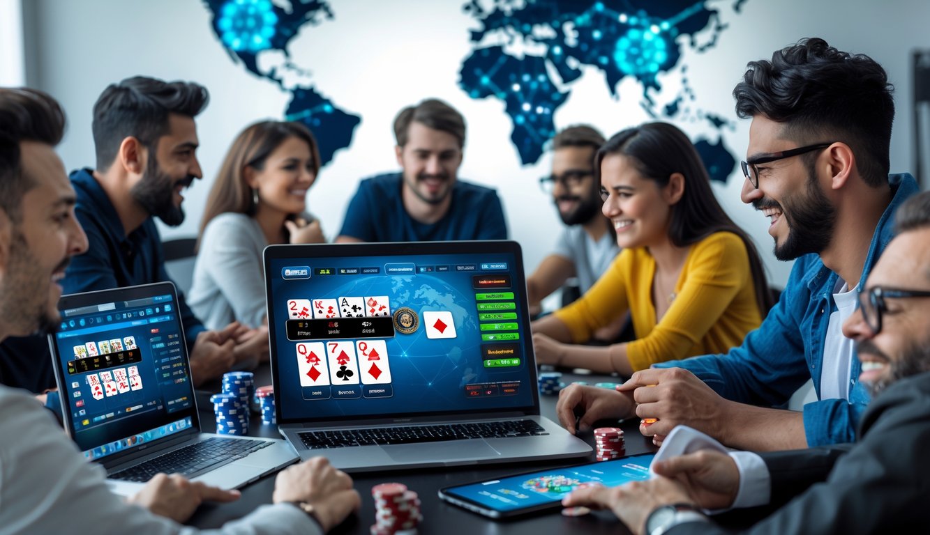 Sekelompok orang dari berbagai negara sedang bermain poker online bersama menggunakan perangkat digital di ruangan modern yang terang.