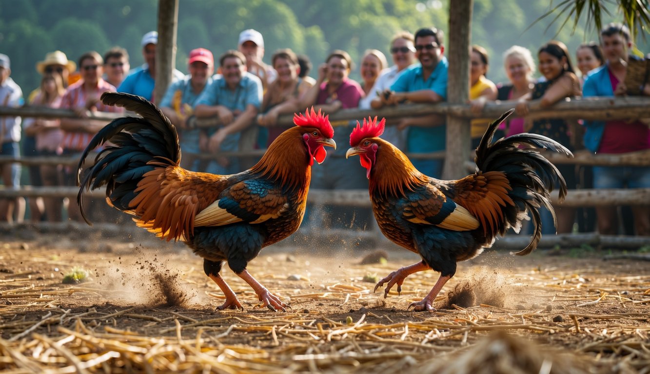Dua ayam jago sedang bertarung di arena terbuka dengan kerumunan orang menonton di sekitarnya.