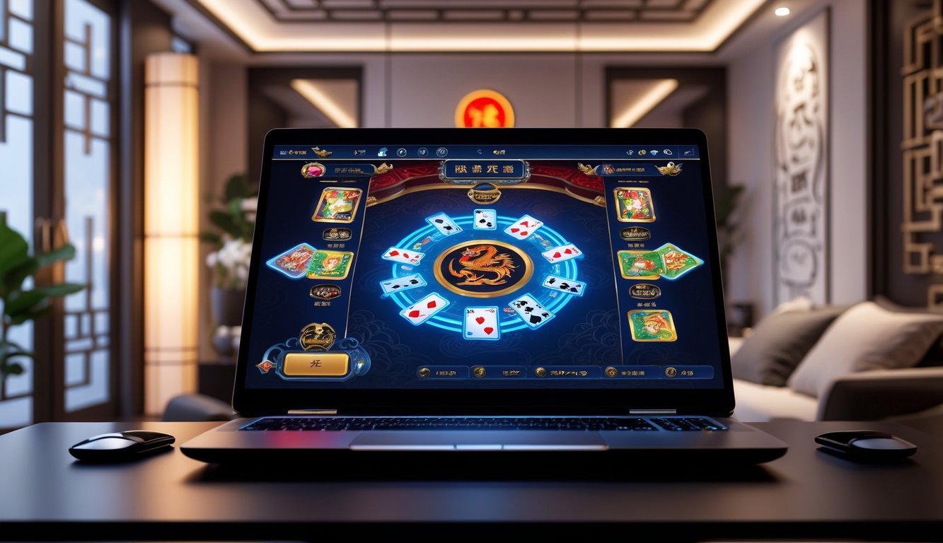 Sebuah meja dengan komputer menampilkan permainan kartu Dragon Tiger online dengan latar ruangan modern dan dekorasi bertema naga.