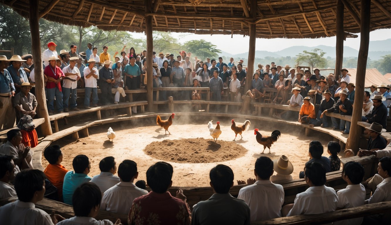 Suasana arena sabung ayam dengan kerumunan penonton yang memperhatikan pertarungan ayam di tengah arena.