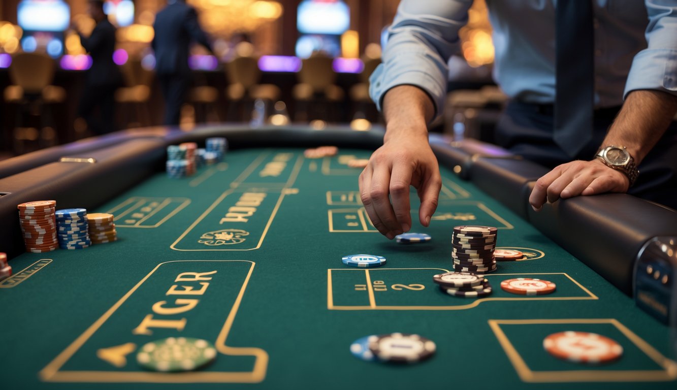 Seorang pemain di meja kasino modern sedang bermain permainan Dragon Tiger dengan fokus dan percaya diri.