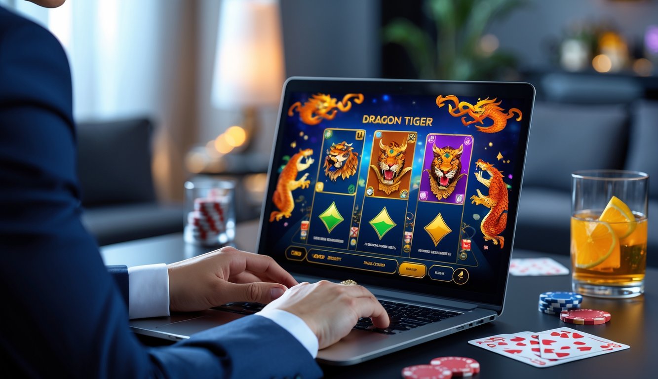 Seorang profesional sedang bermain permainan Dragon Tiger online di laptop di ruang modern dengan dekorasi kasino.