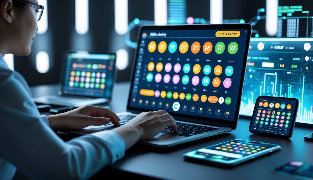 Seseorang menggunakan laptop dan perangkat digital lain untuk bermain togel online dengan tampilan antarmuka modern dan berbagai angka serta grafik.