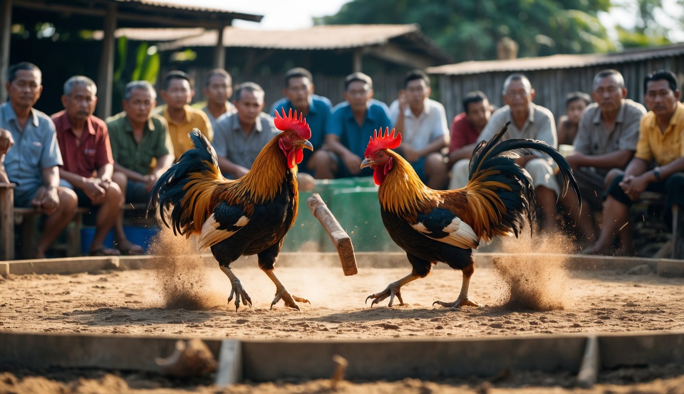 Dua ayam jantan sedang bertarung di arena terbuka dikelilingi oleh penonton yang memperhatikan dengan serius.