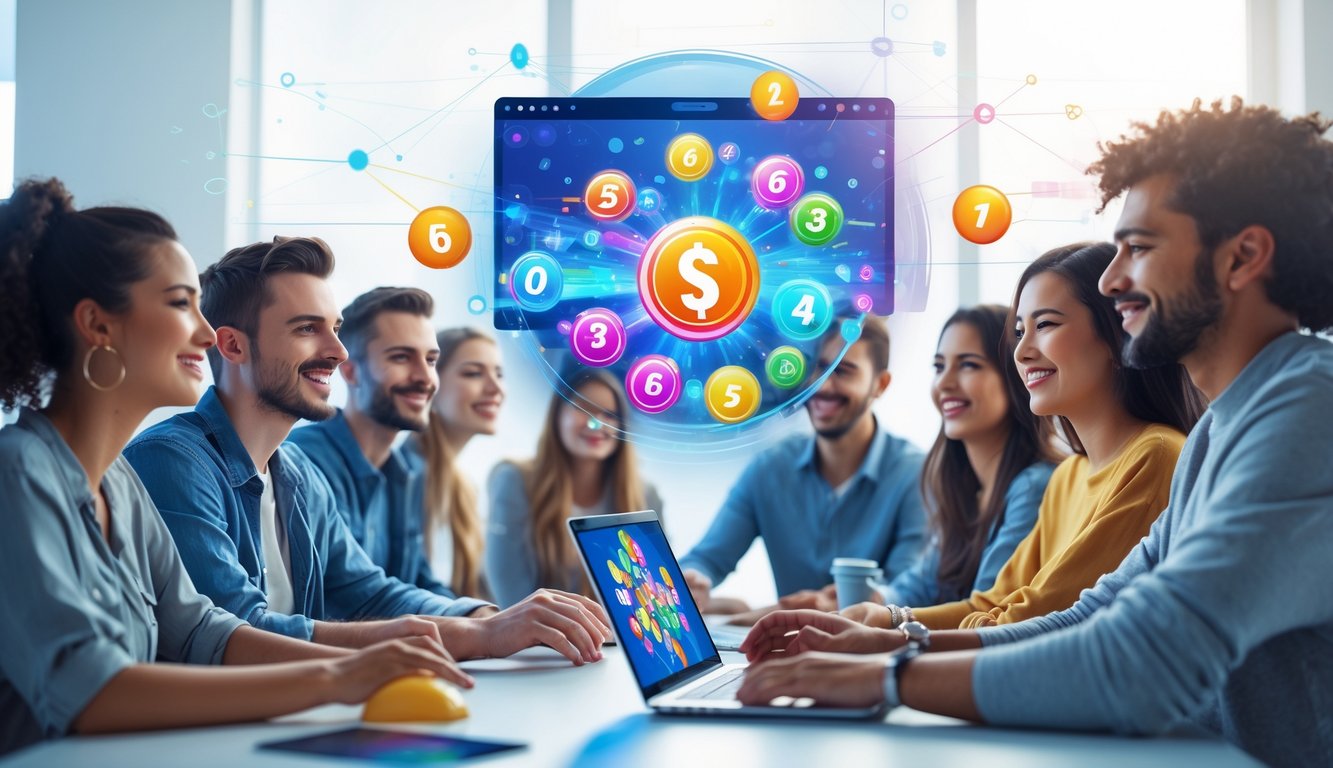 Orang-orang muda menggunakan laptop dengan tampilan permainan angka digital di meja kerja modern.