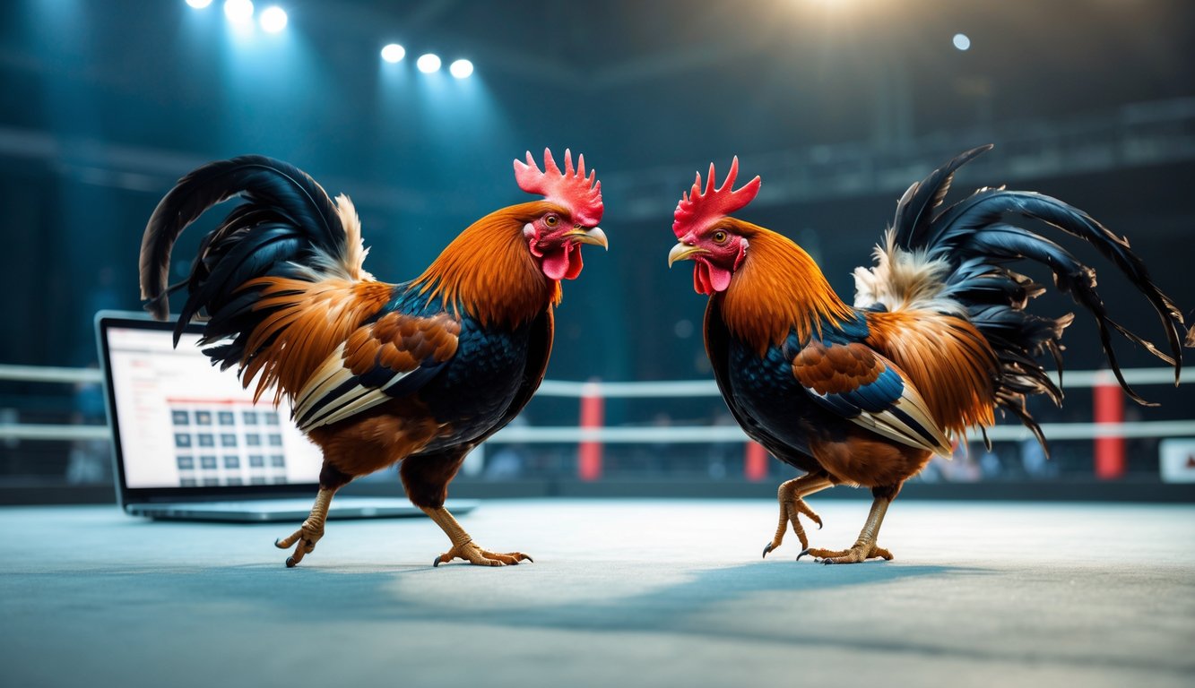 Dua ayam jago sedang bertarung di arena dengan latar belakang perangkat elektronik yang menampilkan pertandingan secara online.