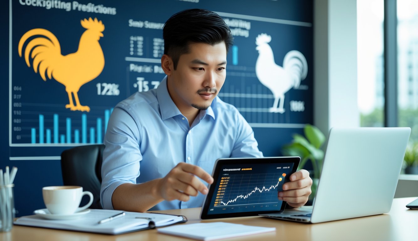 Seorang pria Asia Tenggara sedang menganalisis data pada tablet digital di sebuah kantor modern dengan latar belakang siluet ayam jago dan grafik statistik.
