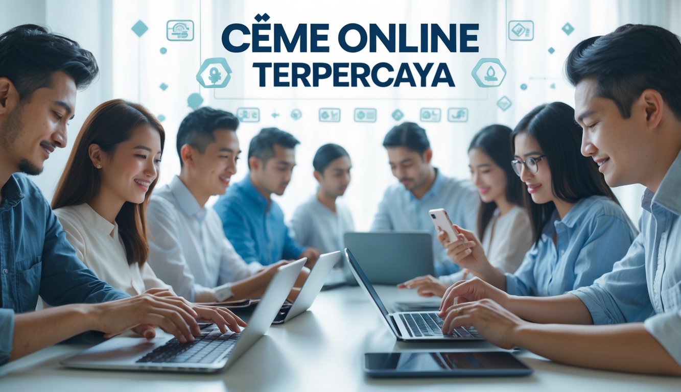 Beberapa orang menggunakan perangkat digital di ruang modern yang terang, fokus pada permainan kartu online dengan suasana yang tenang dan dapat dipercaya.