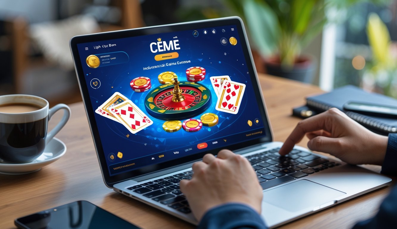 Seseorang menggunakan laptop dengan permainan kartu online Ceme di layar di dalam ruangan yang nyaman.