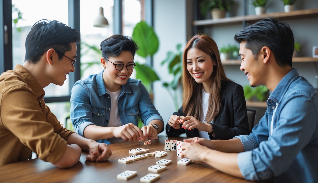 Empat orang muda sedang bermain permainan domino Agen Ceme di meja kayu dalam ruangan yang nyaman.