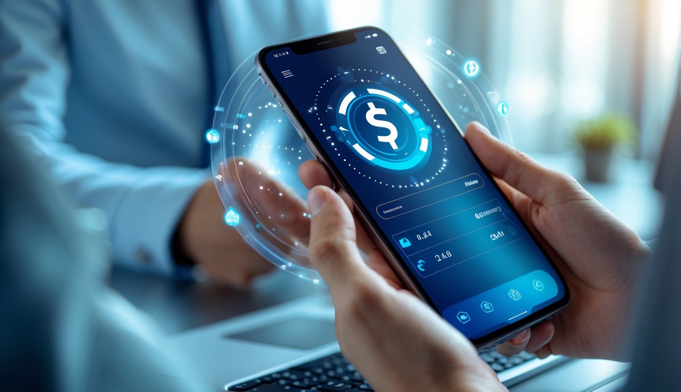 Tangan seseorang memegang ponsel yang menampilkan aplikasi pembayaran online di lingkungan kantor modern.