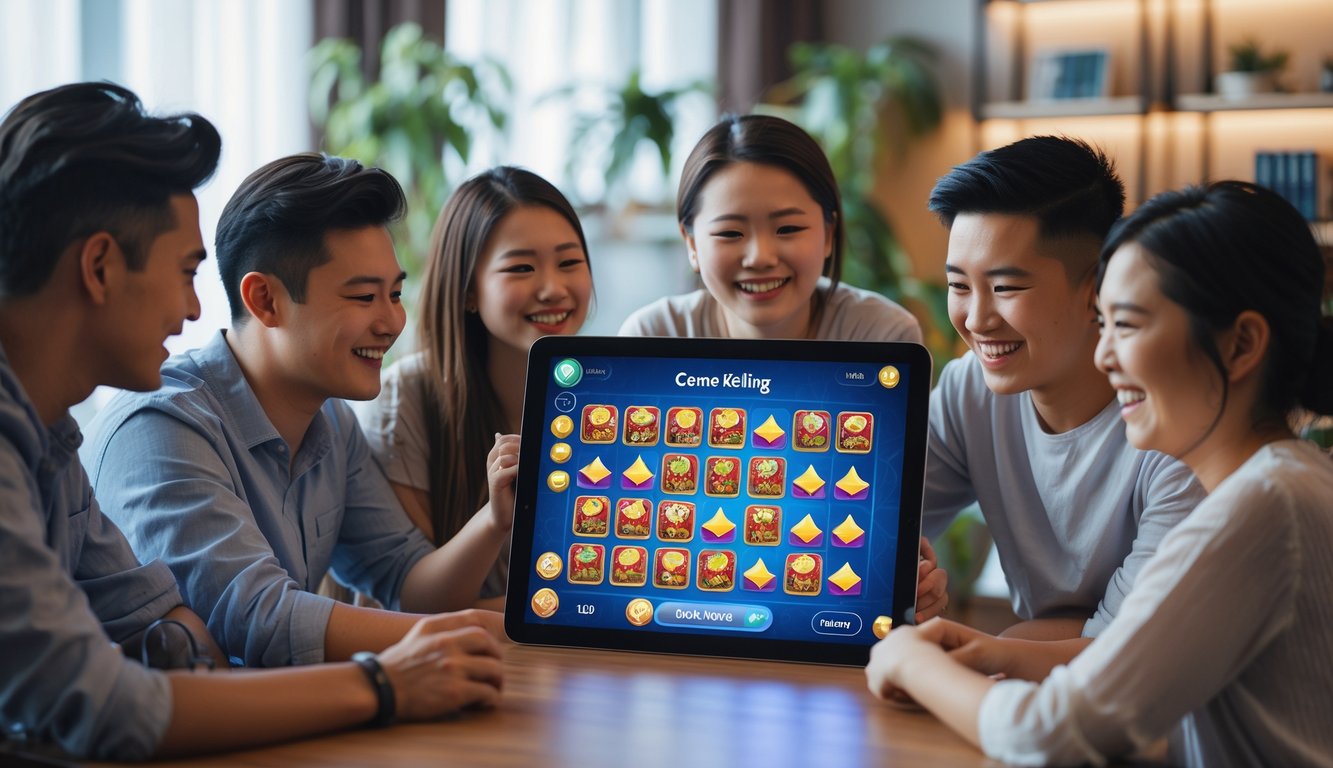 Sekelompok orang bermain permainan kartu Ceme Keliling secara online di depan layar digital di ruang kerja yang nyaman.