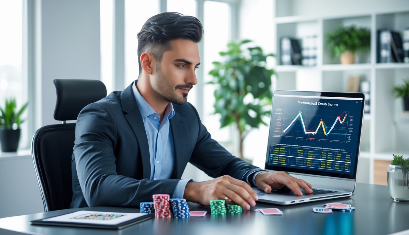 Seorang pria duduk di meja kantor dengan laptop, kartu remi, dan chip poker, fokus mempelajari strategi permainan kartu.