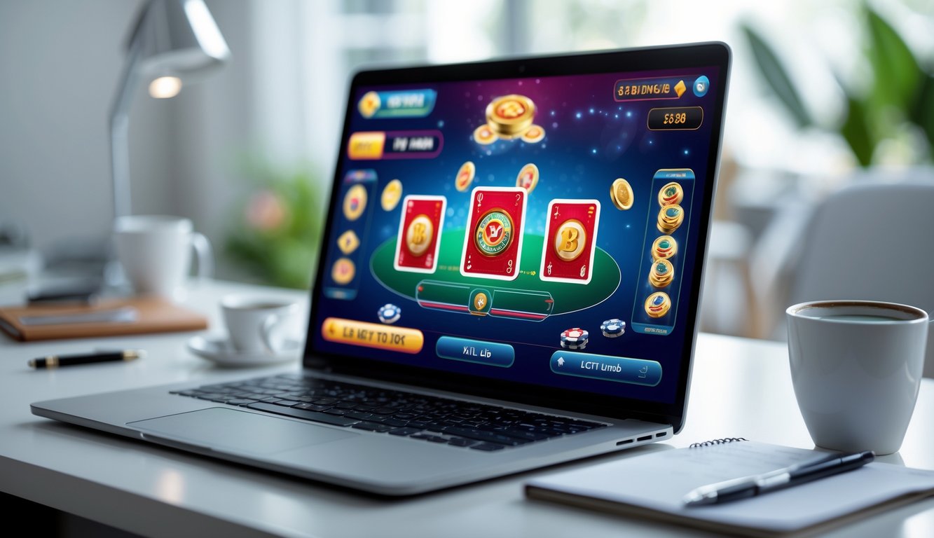 Seorang pengguna sedang bermain permainan kartu Ceme secara online menggunakan laptop di meja kerja yang rapi.