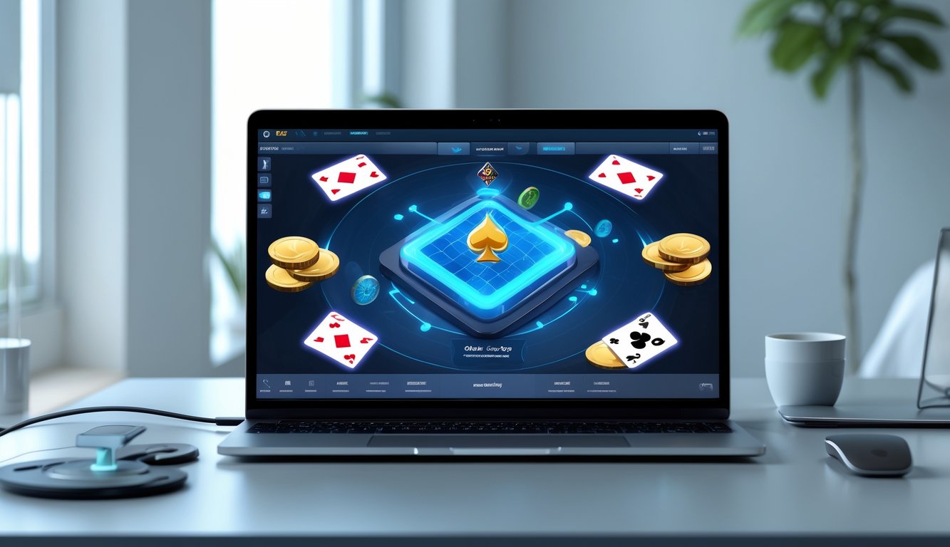 Seseorang sedang bermain permainan kartu online di depan komputer dengan latar belakang ruang kerja yang rapi.