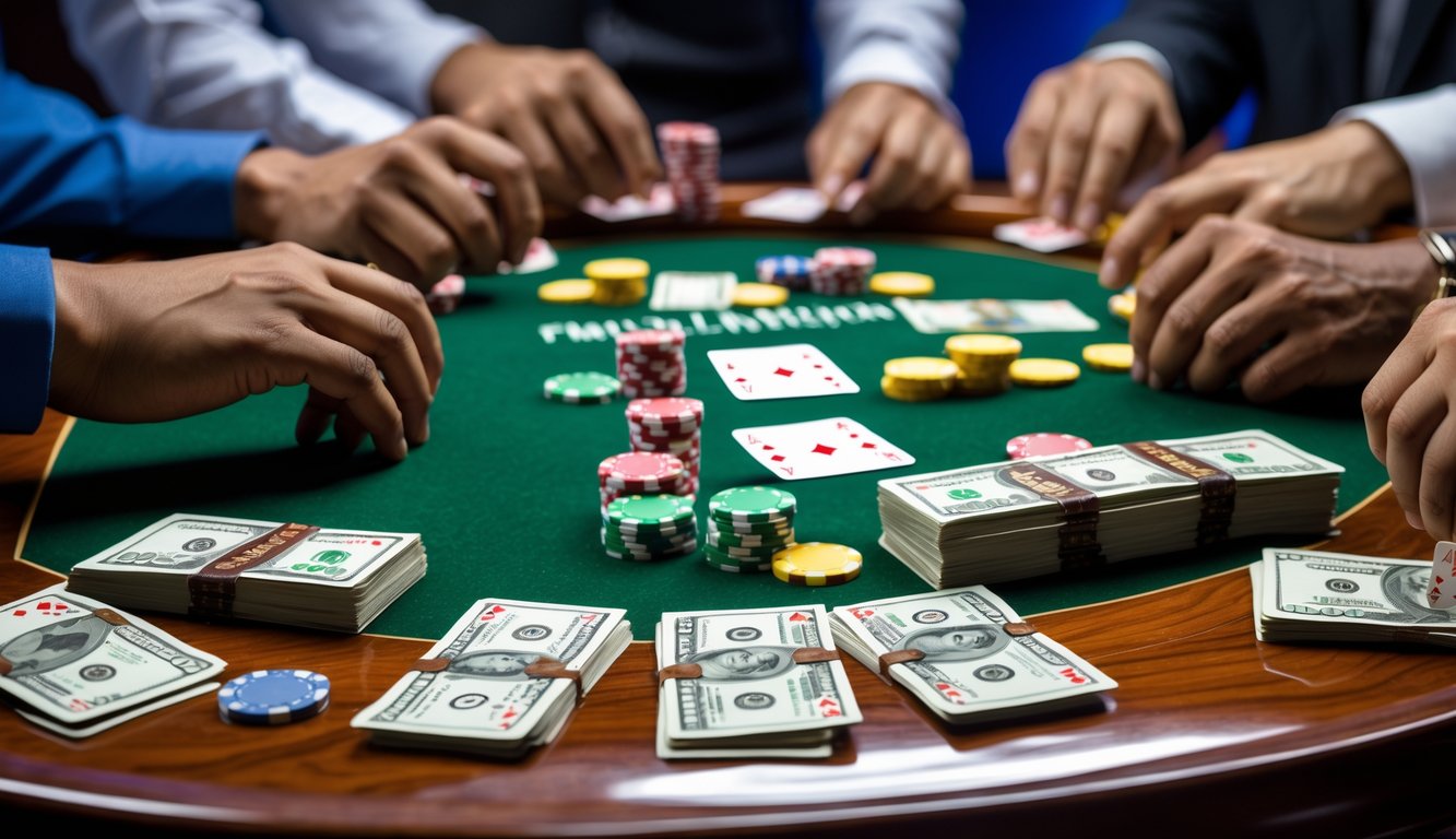 Meja permainan Ceme dengan uang asli dan pemain yang sedang bertaruh di atas meja.