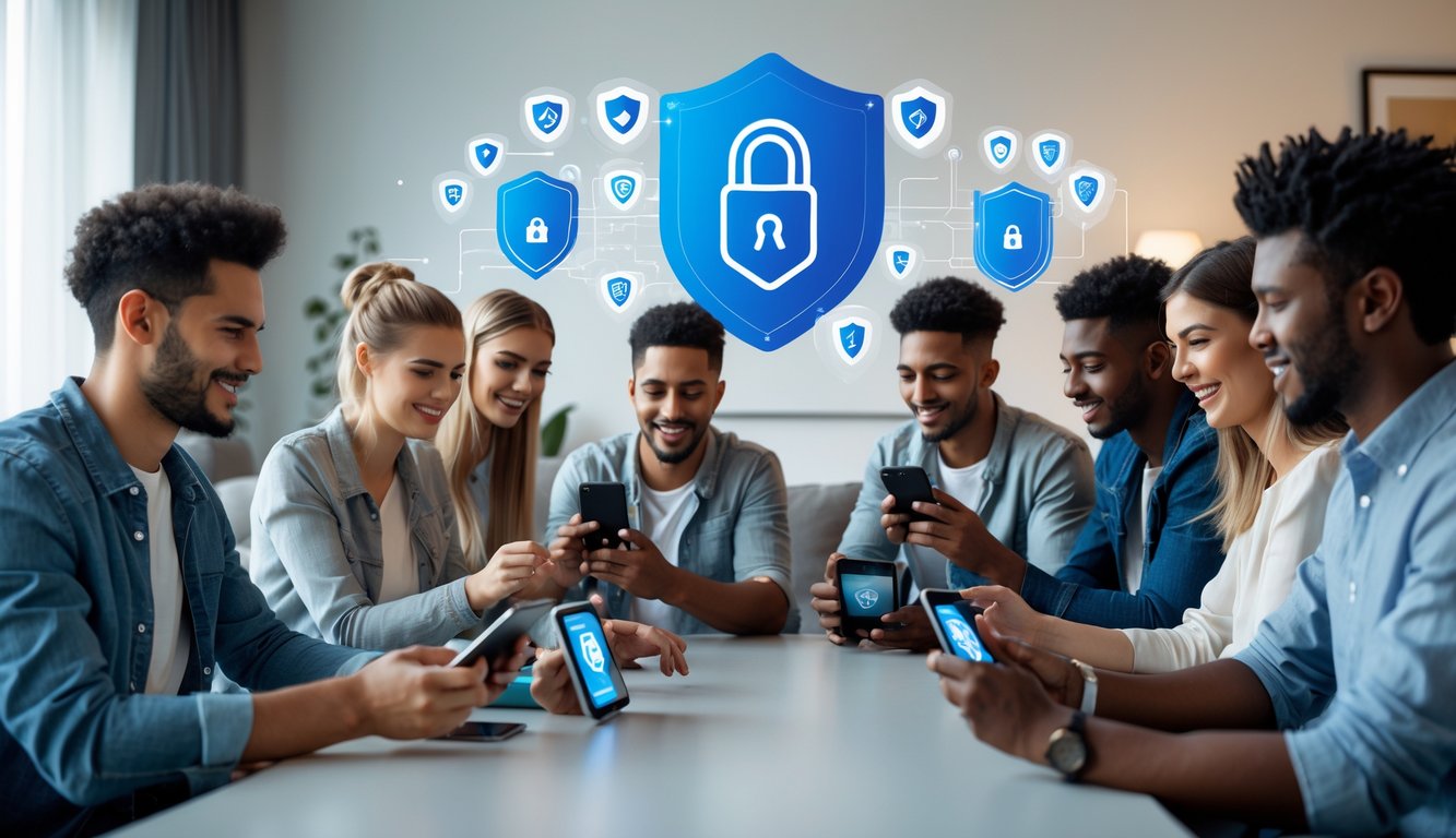 Sekelompok orang muda bermain permainan kartu online dengan perangkat digital di ruang tamu yang modern dan nyaman.