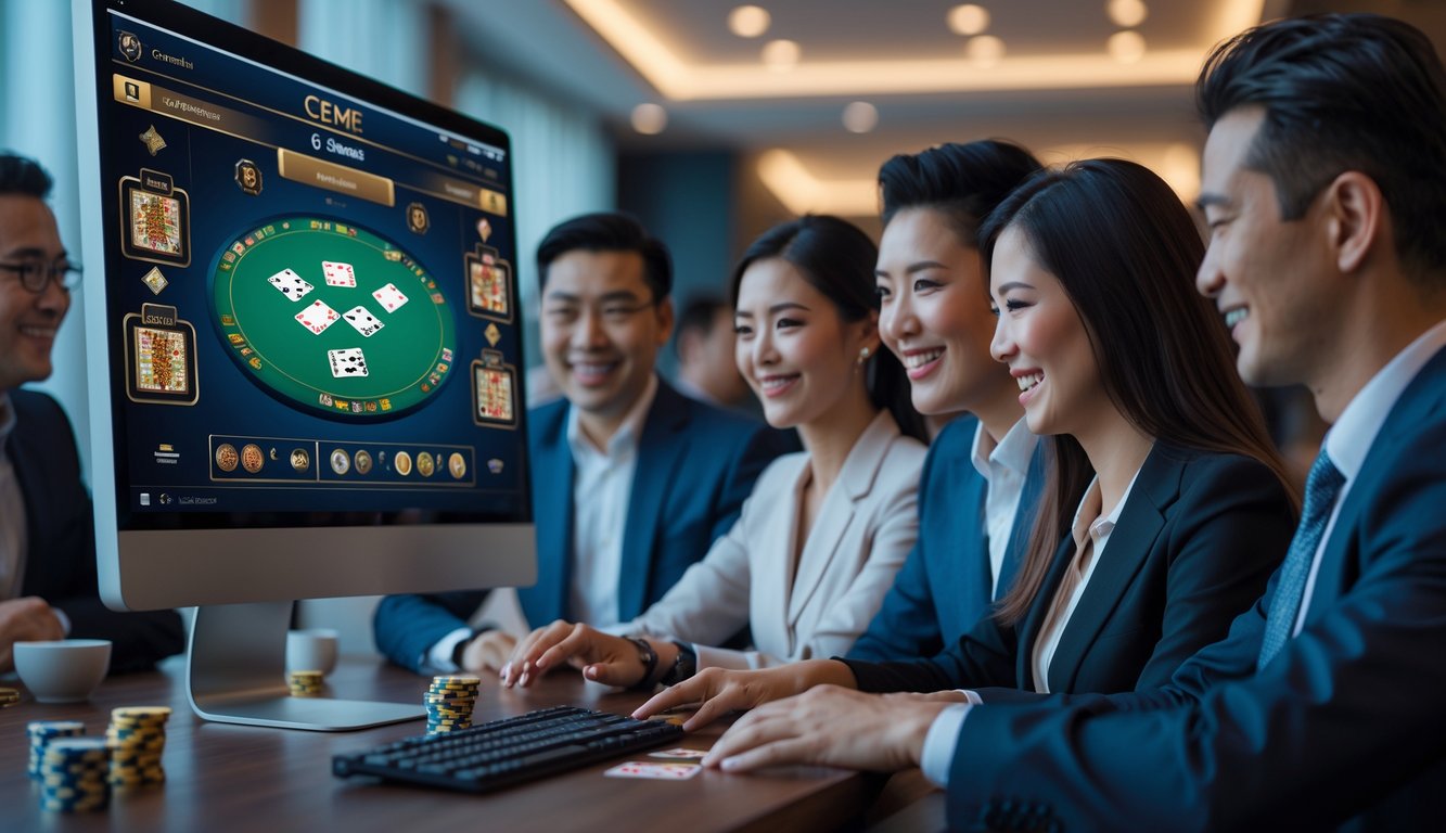 Orang-orang sedang bermain permainan kartu Ceme secara online di depan komputer dalam ruangan modern.