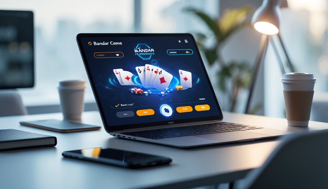 Seorang pengguna sedang bermain permainan kartu Bandar Ceme secara online di sebuah laptop di meja kerja yang rapi.