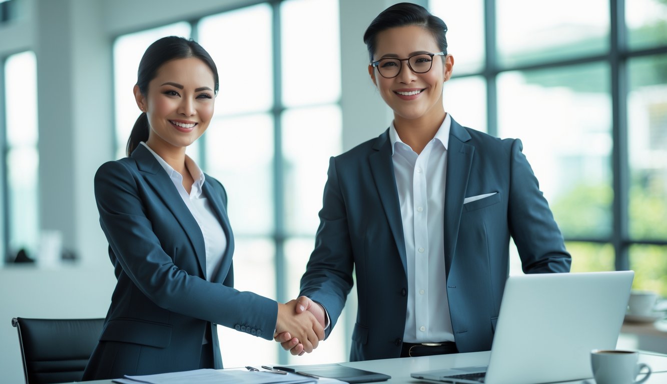 Seorang pria dan wanita bisnis berjabat tangan di kantor modern dengan pencahayaan alami, menunjukkan kepercayaan dan kerja sama.