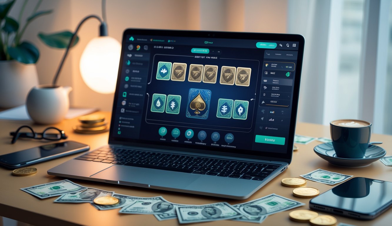 Meja kerja dengan laptop menampilkan permainan kartu online dan uang nyata di sekitarnya.