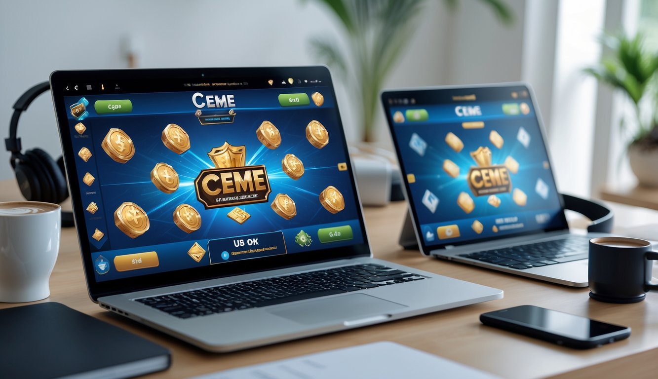 Seseorang sedang bermain permainan kartu online di laptop dan ponsel di ruang tamu yang nyaman.