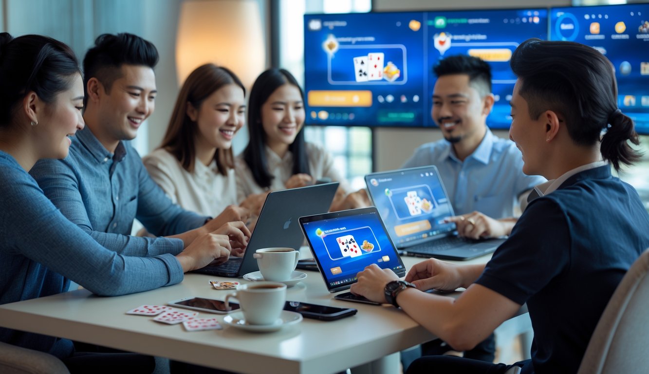 Sekelompok orang sedang bermain permainan kartu secara online menggunakan laptop dan ponsel di ruangan yang nyaman.