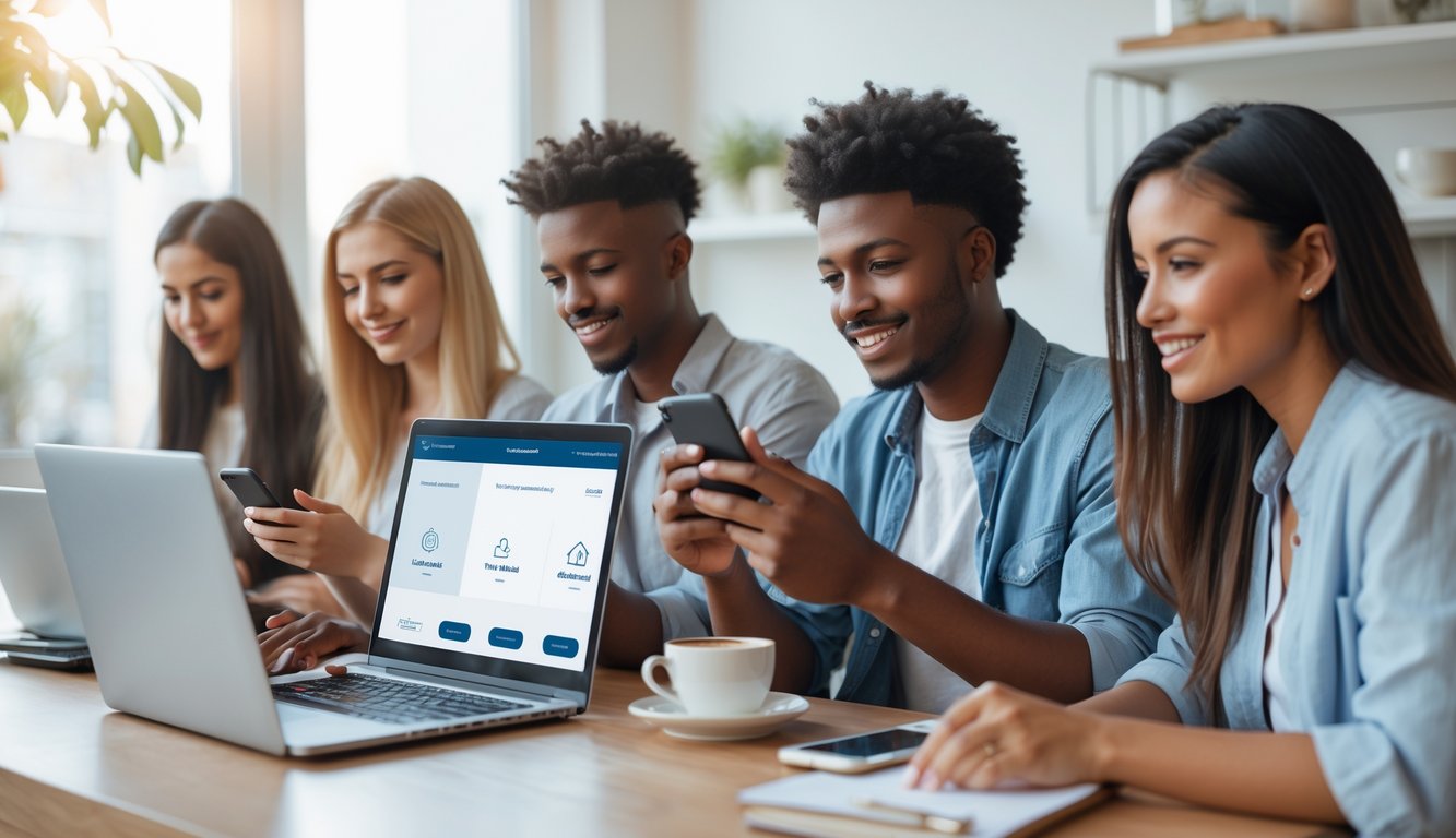 Sekelompok orang muda menggunakan ponsel dan laptop untuk melakukan transaksi keuangan online di ruangan yang terang dan nyaman.