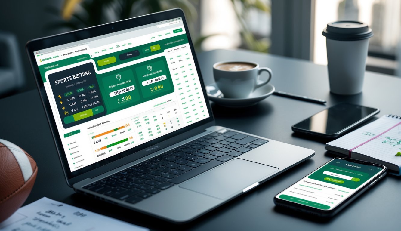 Seorang pria menggunakan laptop dan ponsel untuk memasang taruhan bola secara online di meja kerja yang rapi dengan bola sepak di sampingnya.