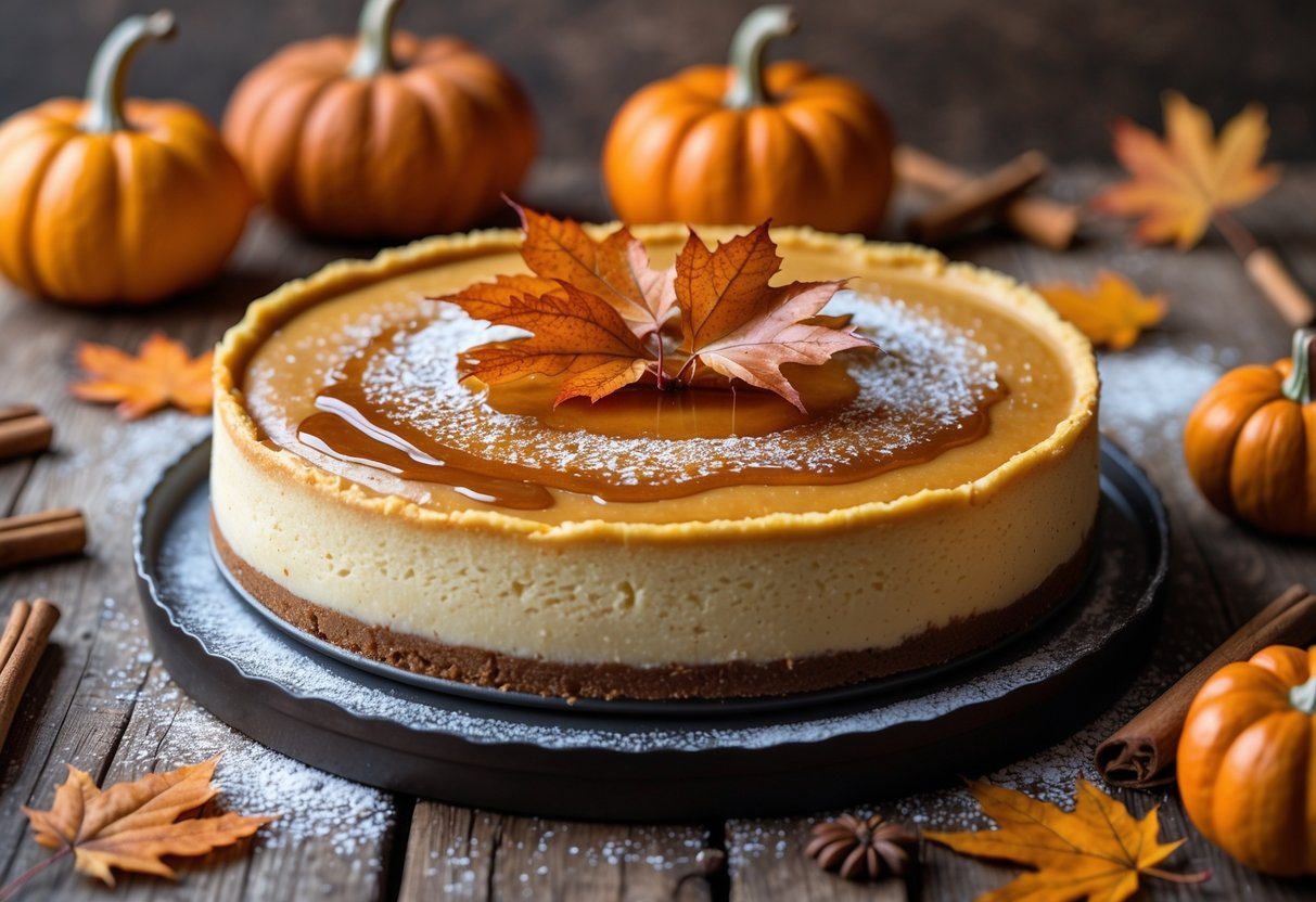 A maple pumpkin cheesecake pie on a wooden table surrounded by autumn decorations including small pumpkins and cinnamon sticks.