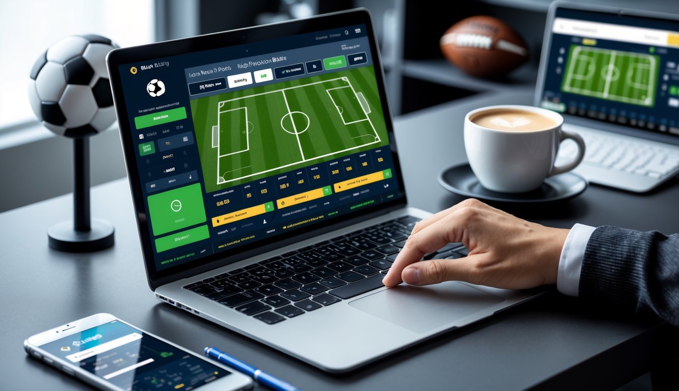 Seorang pria duduk di depan laptop dengan layar menampilkan pertandingan sepak bola dan aplikasi taruhan, di meja terdapat ponsel, kopi, dan buku catatan.