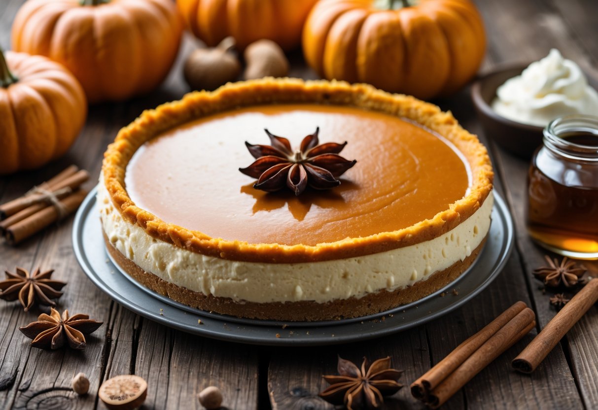 A freshly baked maple pumpkin cheesecake pie on a wooden table surrounded by pumpkins, cinnamon sticks, star anise, nutmeg, maple syrup, and cream cheese.