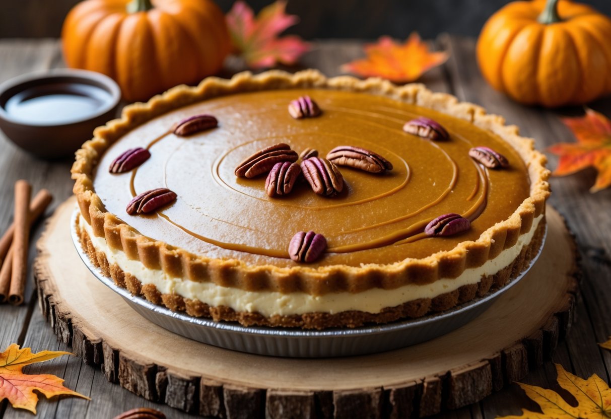 A maple pumpkin cheesecake pie on a wooden table surrounded by autumn decorations like cinnamon sticks, pumpkins, and fall leaves.