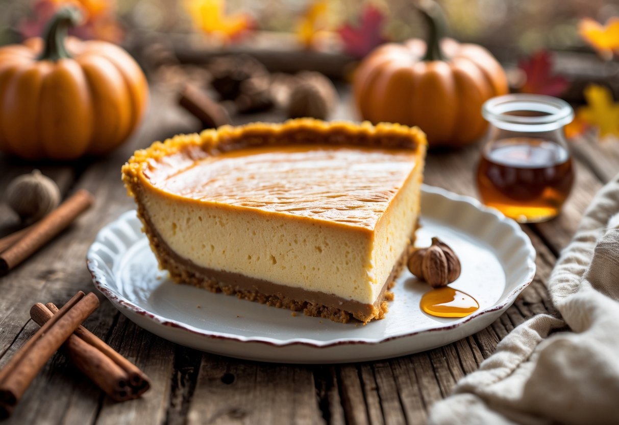 A slice of maple pumpkin cheesecake pie on a white plate with cinnamon sticks and small pumpkins on a wooden table.