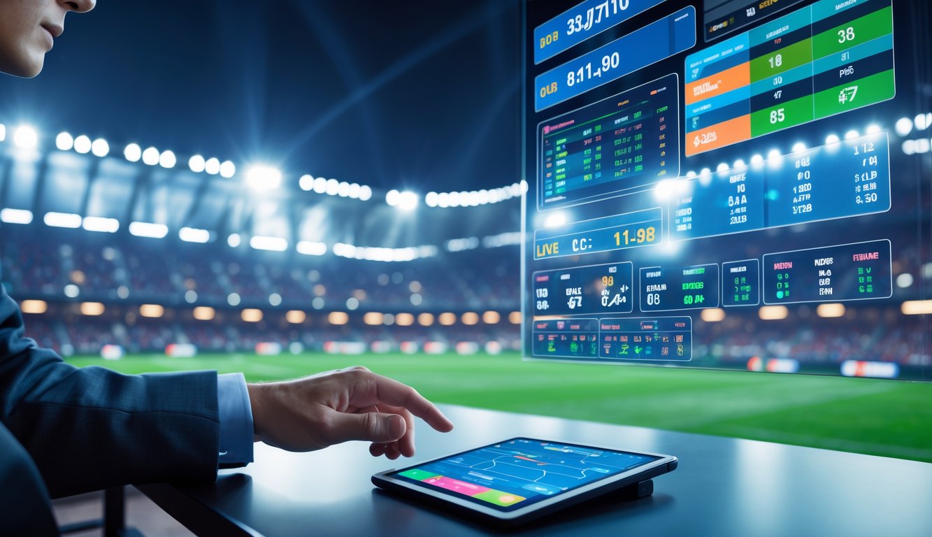 Seorang pria menggunakan perangkat layar sentuh di depan layar digital yang menampilkan peluang taruhan sepak bola dengan latar belakang stadion yang ramai.