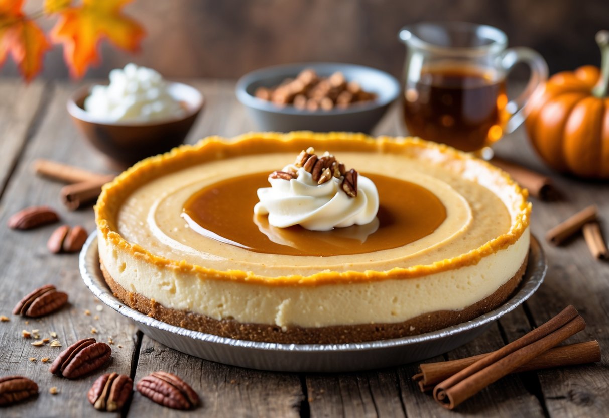 A maple pumpkin cheesecake pie on a wooden table with whipped cream, maple syrup, crushed pecans, and cinnamon sticks arranged around it.