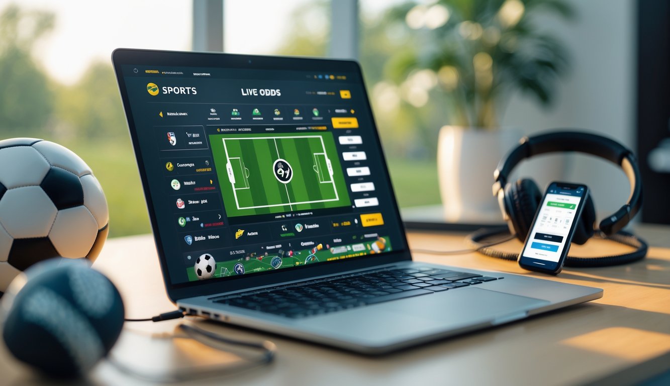 Seorang pria duduk di depan laptop dengan tampilan aplikasi taruhan olahraga online dan bola sepak di meja.