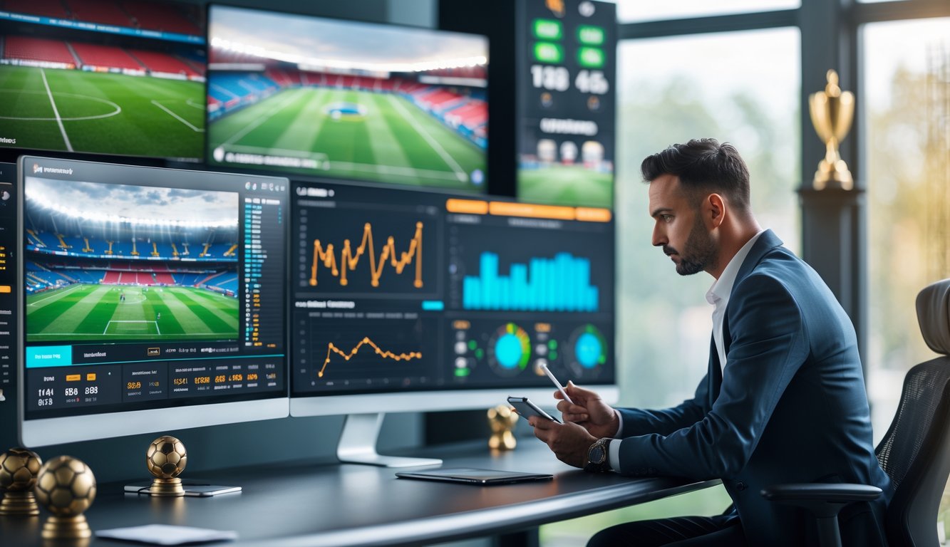 Seorang analis olahraga sedang mempelajari statistik dan grafik prediksi pertandingan sepak bola di depan beberapa layar komputer di ruang kerja modern.