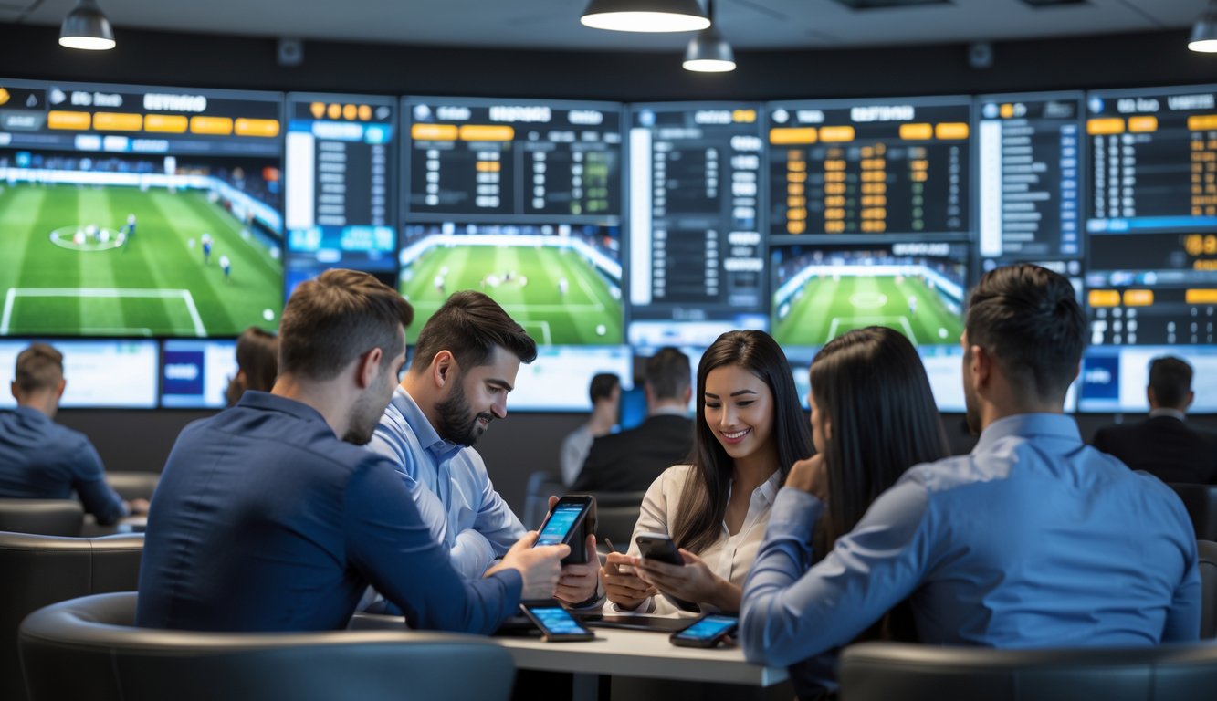 Orang-orang sedang memasang taruhan bola menggunakan perangkat digital di ruang taruhan olahraga dengan layar besar menampilkan pertandingan sepak bola.
