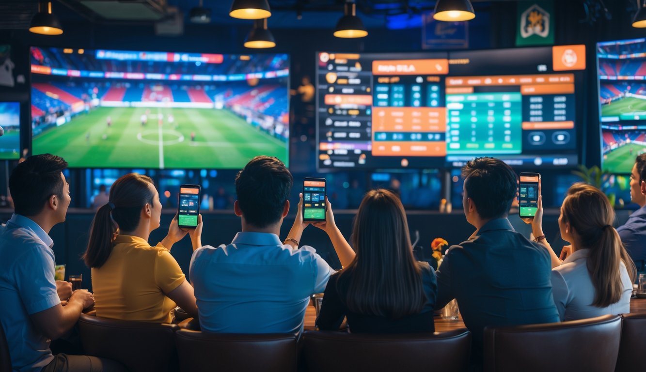 Sekelompok orang menonton pertandingan sepak bola secara langsung di sebuah bar dengan layar besar dan menggunakan perangkat untuk taruhan langsung.
