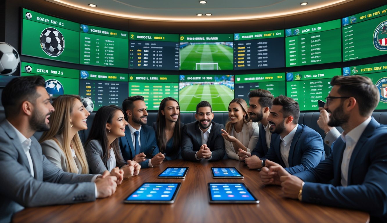 Orang-orang sedang melihat layar besar yang menampilkan statistik dan skor pertandingan sepak bola dalam ruangan taruhan olahraga yang modern.