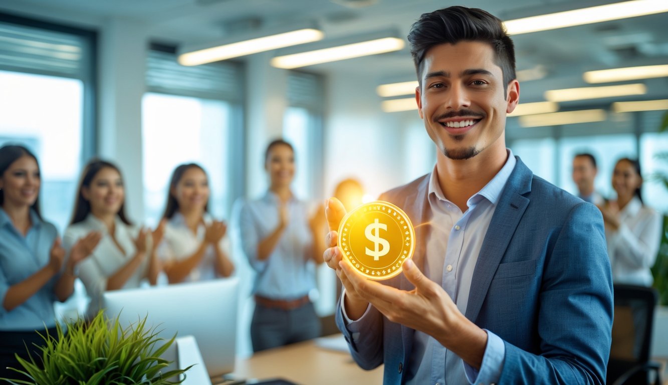 Seorang anggota baru yang bahagia menerima bonus di kantor dengan rekan kerja yang memberi selamat.