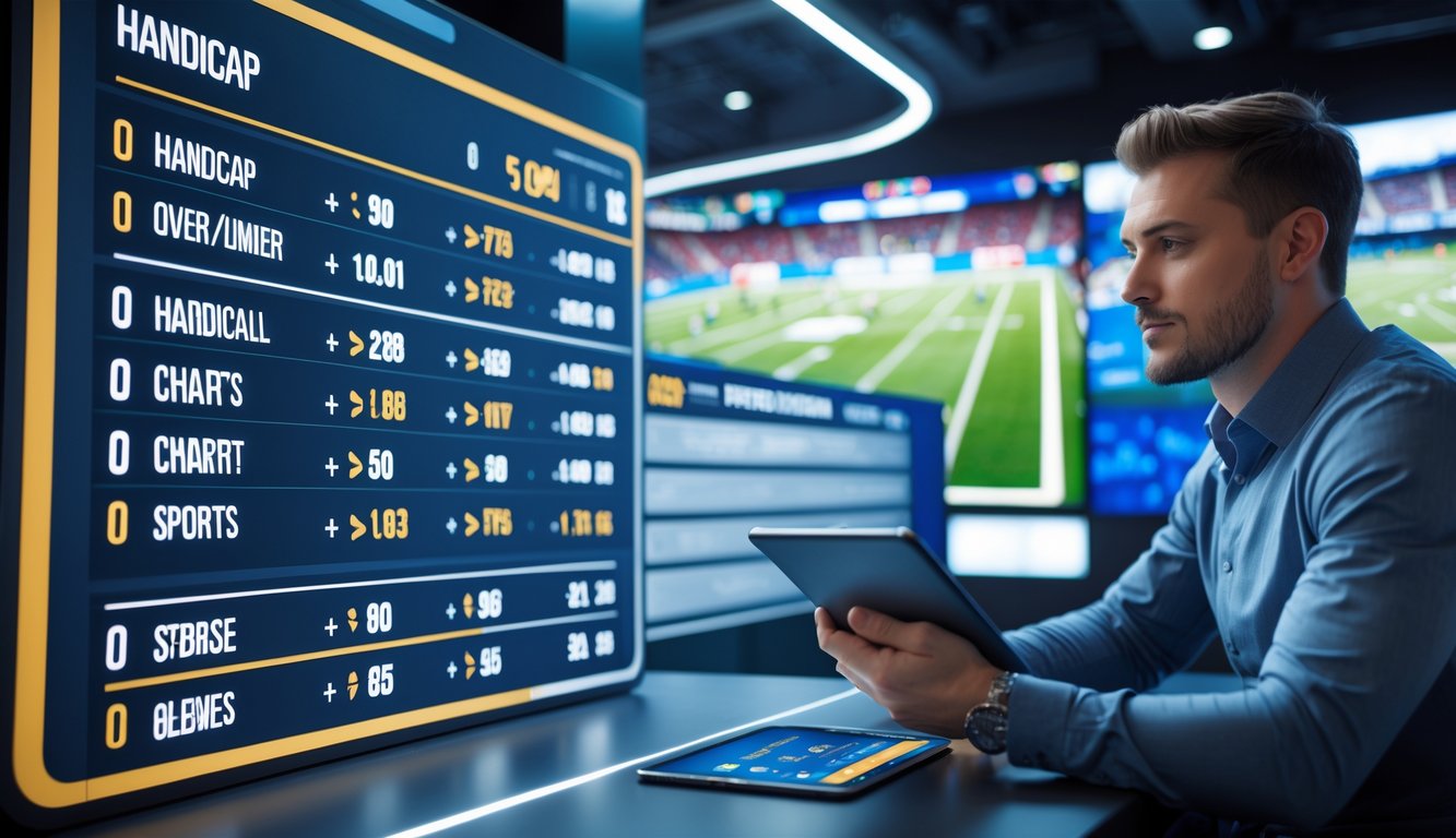 Seorang petaruh sedang menganalisis data taruhan olahraga dengan layar digital dan pertandingan sepak bola langsung di latar belakang.