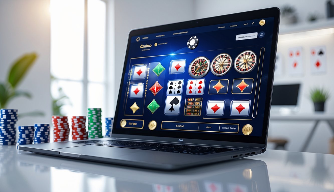 Seorang pengguna sedang menggunakan komputer dengan tampilan permainan kasino online di layar, di sebuah ruang kerja yang rapi dan terang.