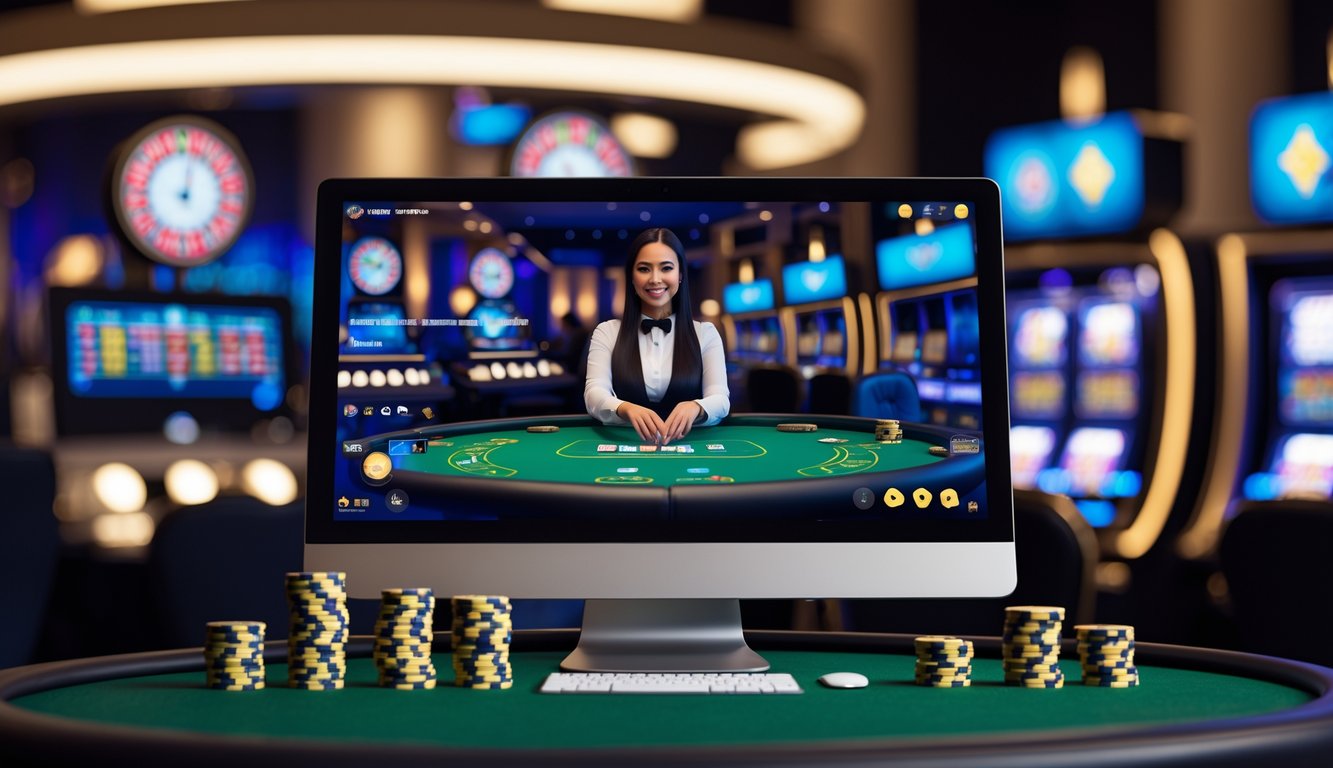 Seorang dealer kasino langsung sedang membagikan kartu di meja poker dengan layar komputer dan ponsel menampilkan permainan kasino online.
