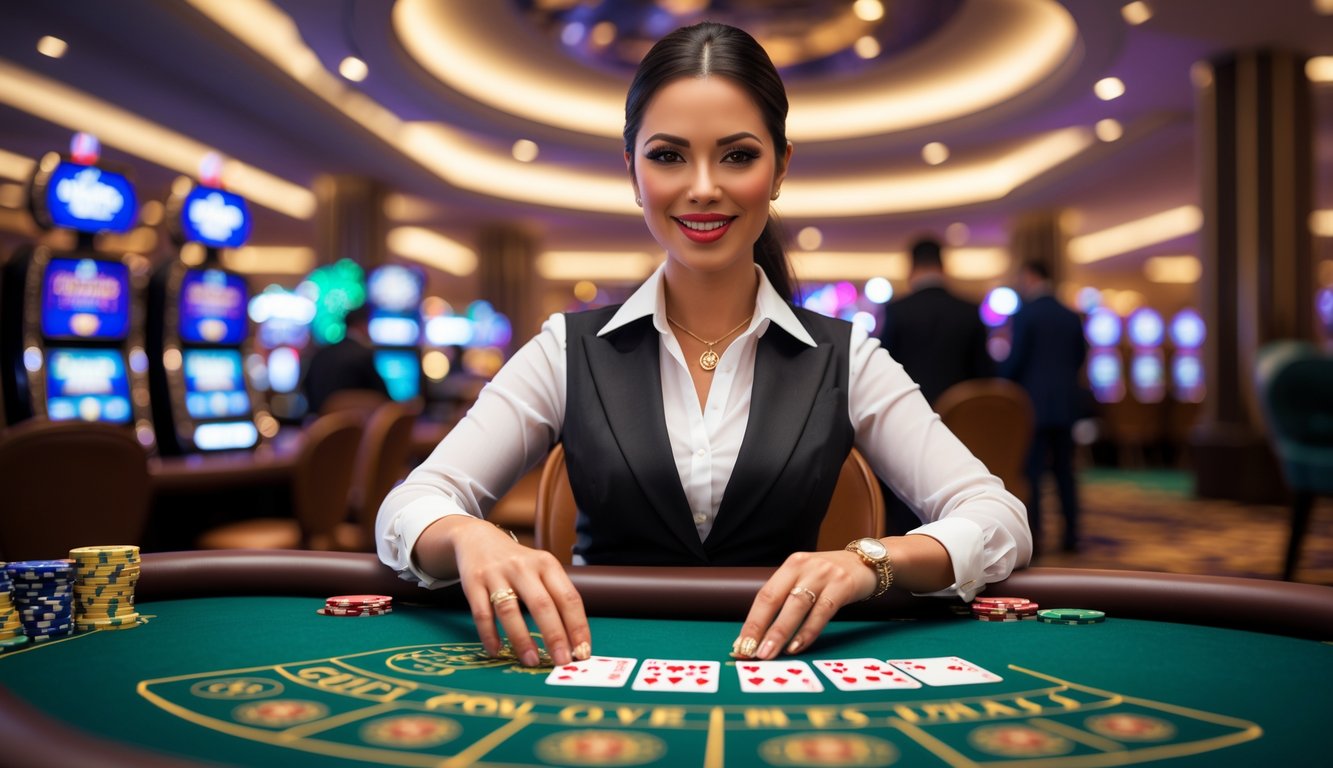 Seorang dealer kasino wanita sedang membagikan kartu di meja kasino dengan latar belakang interior kasino mewah.